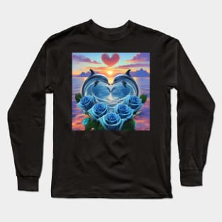 Dolphin Hearts Of Love With Blue Roses At Sunset 6 Long Sleeve T-Shirt